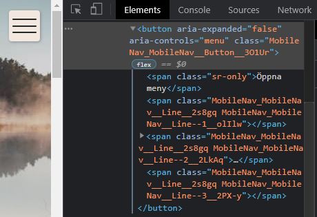 Hamburgerknappen i DOM:en i browsern. Man ser att sr-onlyklassen har "Öppna meny" i sig.