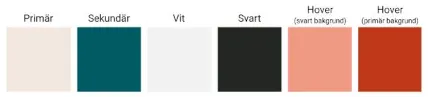 De slutgiltiga färgvalen: Primär, Sekundär, Vit, Svart, Hover med ljus bakgrund, Hover med mörk bakgrund.